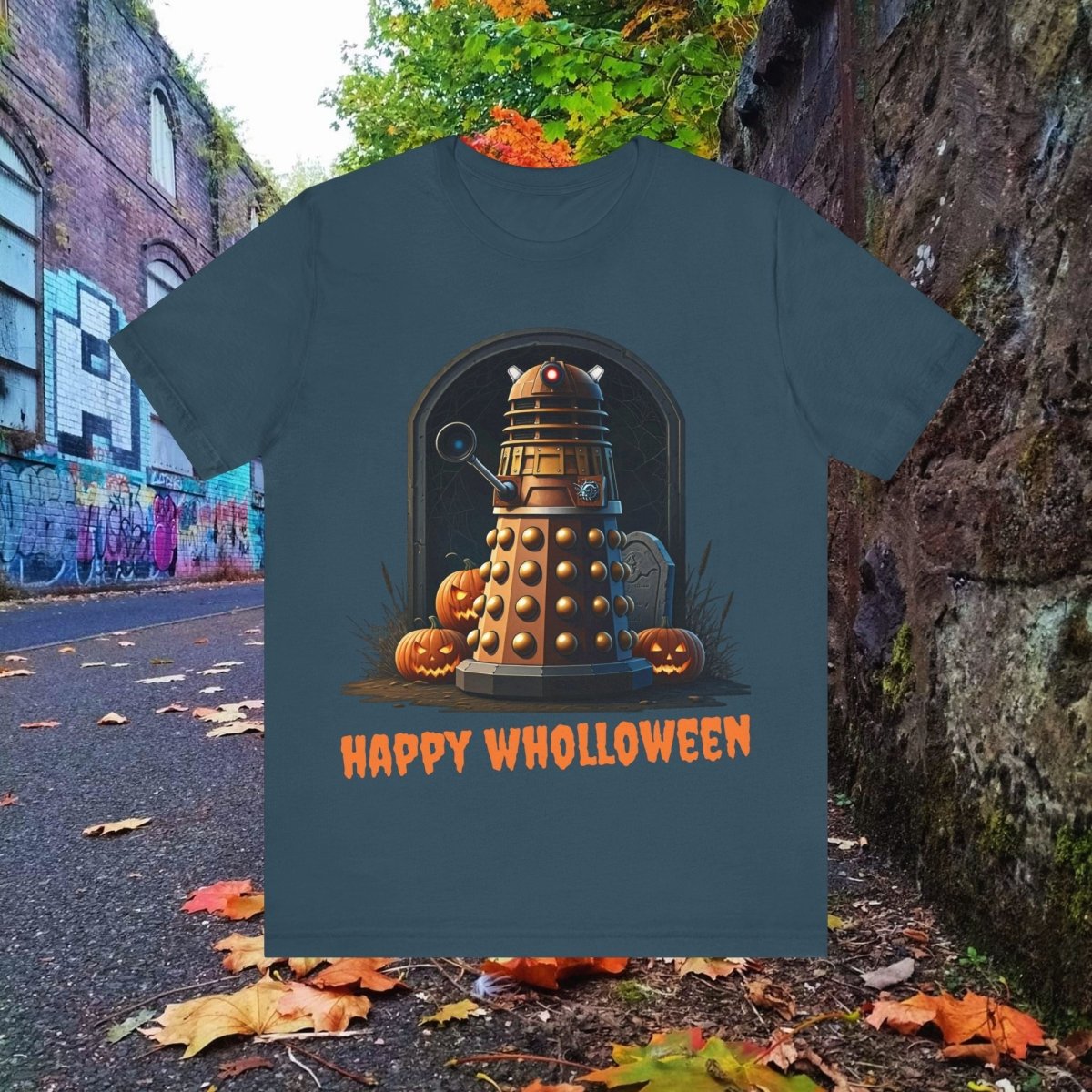Happy Wholloween Dalek portrait with pumpkins and stuff T-shirt - soapbox169 - A Little Gift Shop