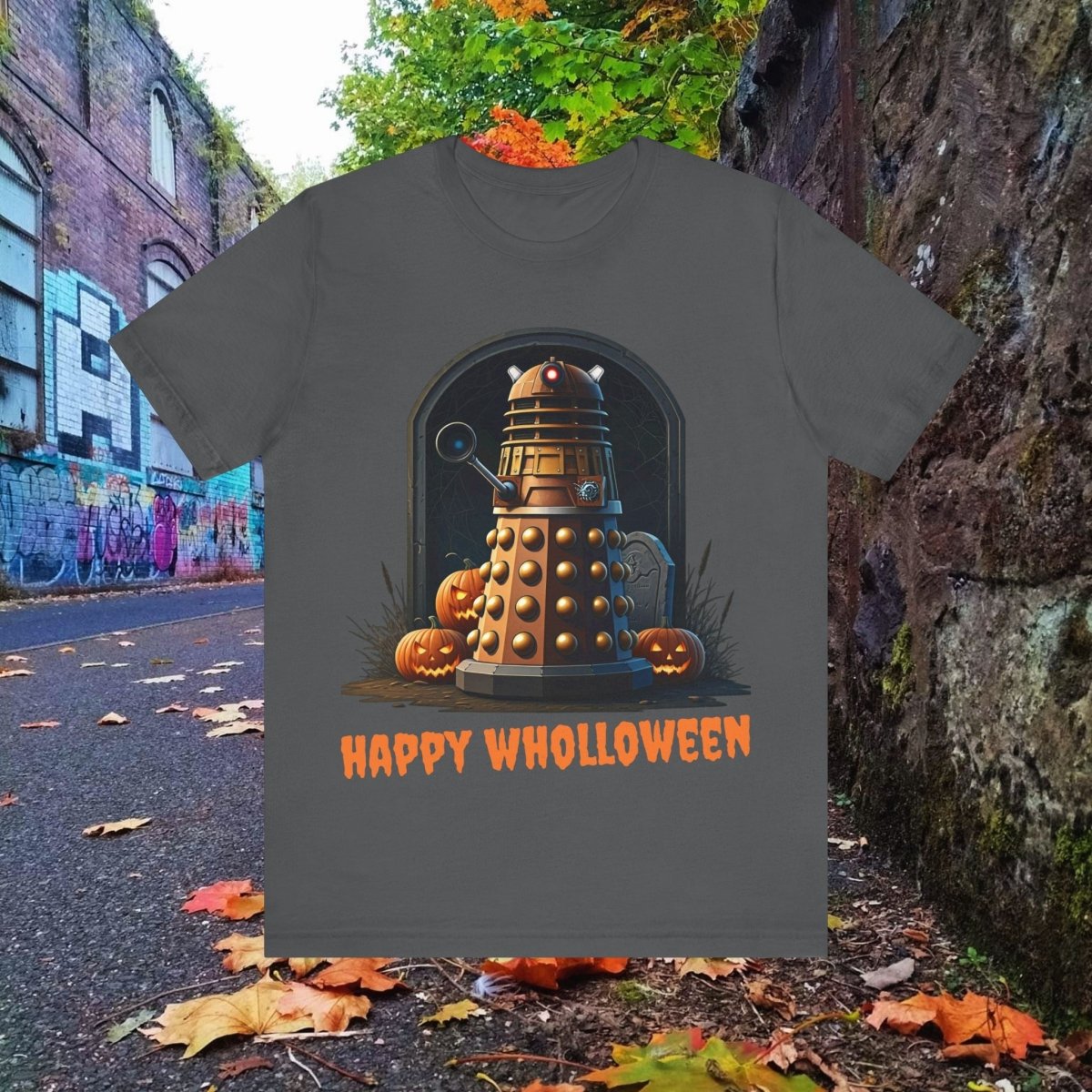 Happy Wholloween Dalek portrait with pumpkins and stuff T-shirt - soapbox169 - A Little Gift Shop