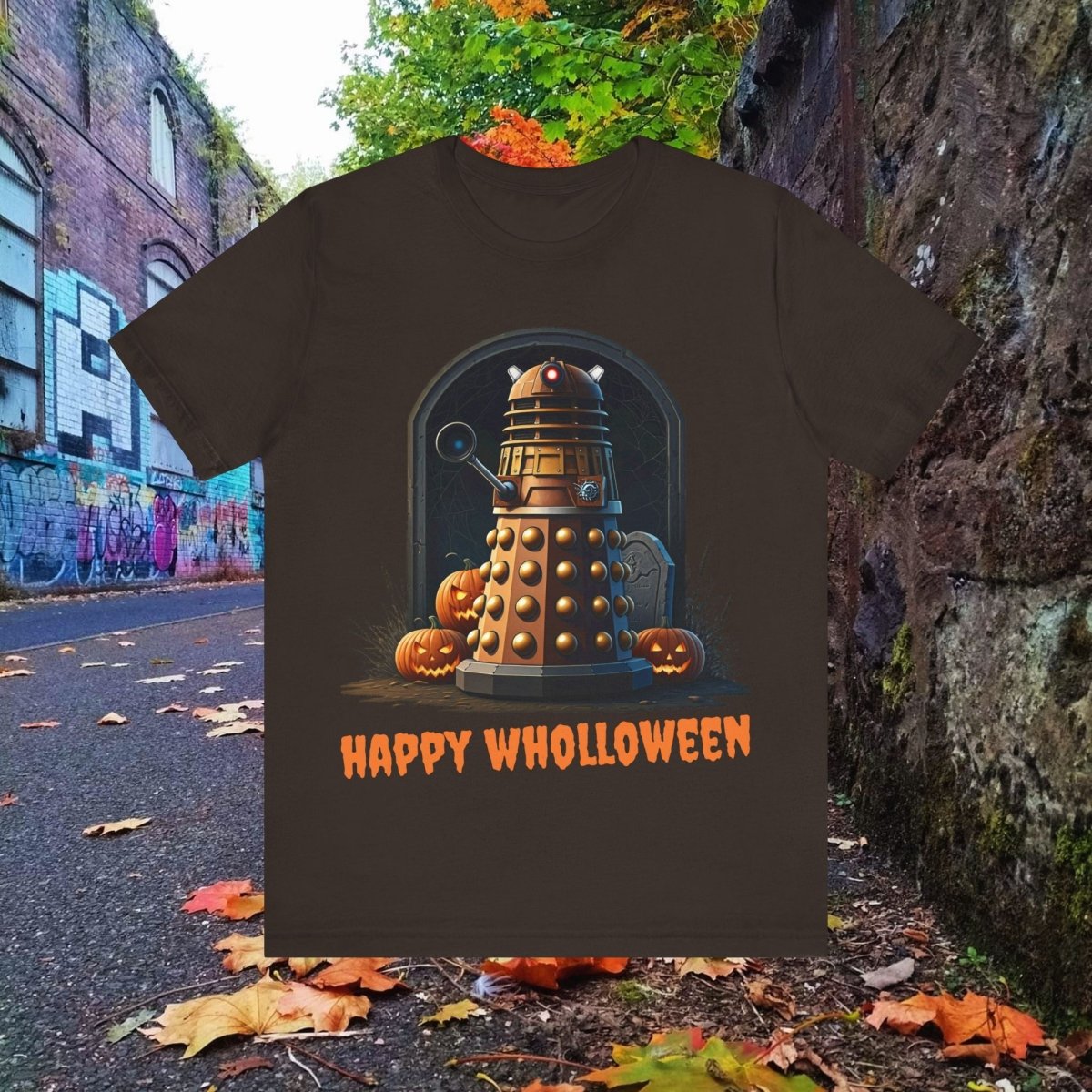 Happy Wholloween Dalek portrait with pumpkins and stuff T-shirt - soapbox169 - A Little Gift Shop