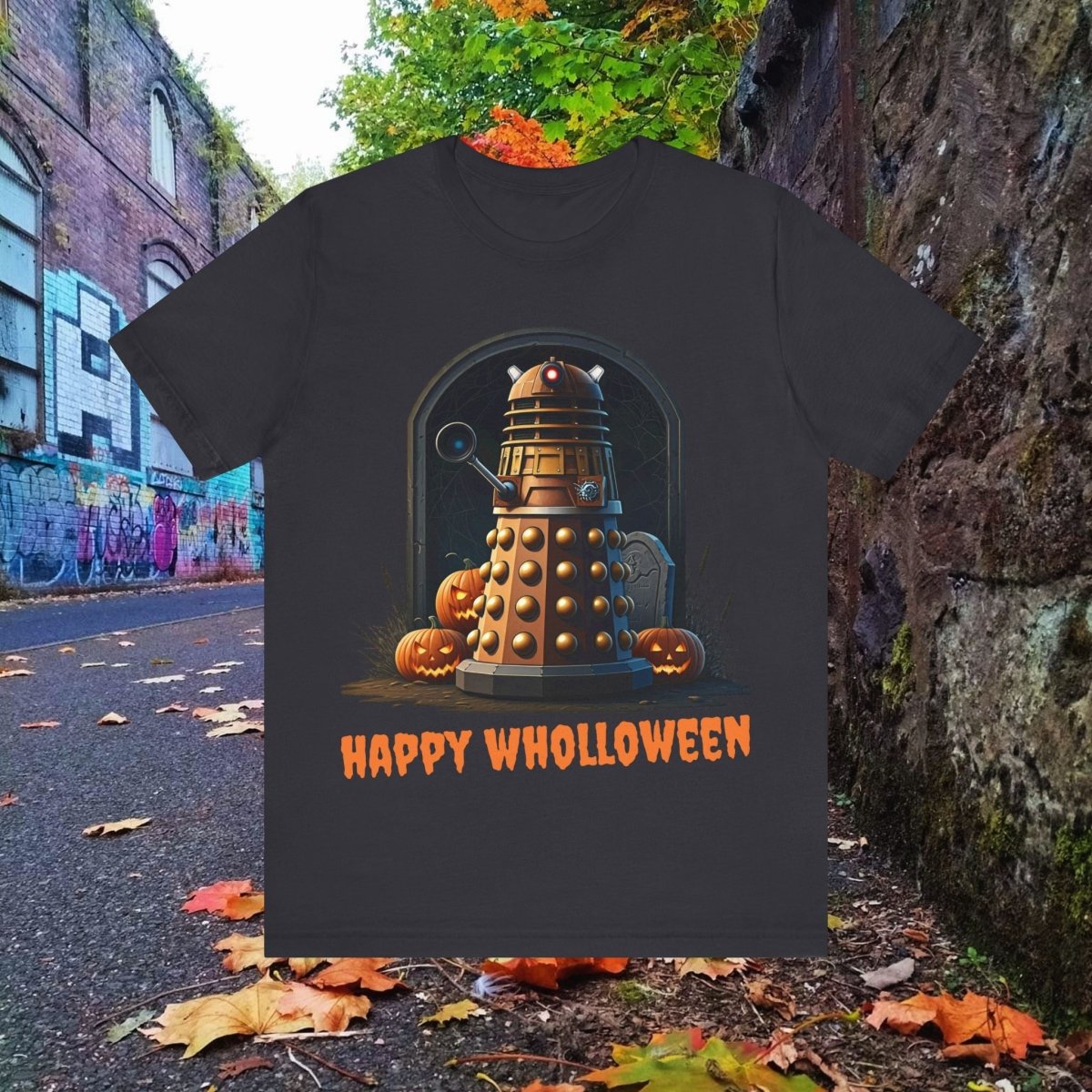 Happy Wholloween Dalek portrait with pumpkins and stuff T-shirt - soapbox169 - A Little Gift Shop