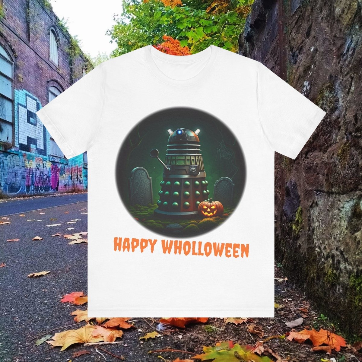 Happy Wholloween Green Dalek in a graveyard, I know, I know... T-shirt featuring pumpkin and gravestone - soapbox169 - A Little Gift Shop