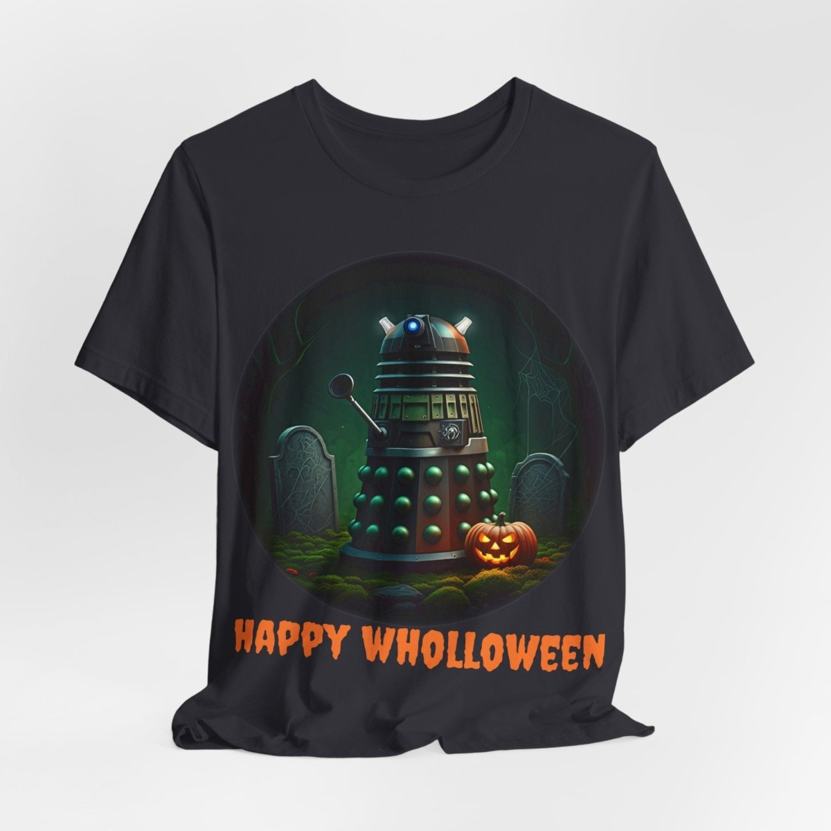 Happy Wholloween Green Dalek in a graveyard, I know, I know... T-shirt featuring pumpkin and gravestone - soapbox169 - A Little Gift Shop