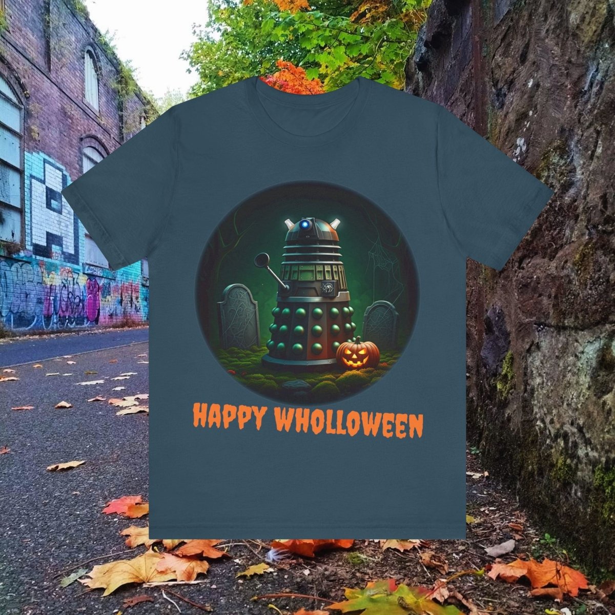 Happy Wholloween Green Dalek in a graveyard, I know, I know... T-shirt featuring pumpkin and gravestone - soapbox169 - A Little Gift Shop