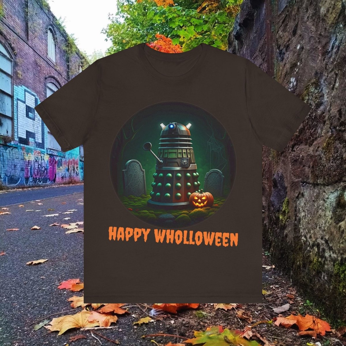 Happy Wholloween Green Dalek in a graveyard, I know, I know... T-shirt featuring pumpkin and gravestone - soapbox169 - A Little Gift Shop