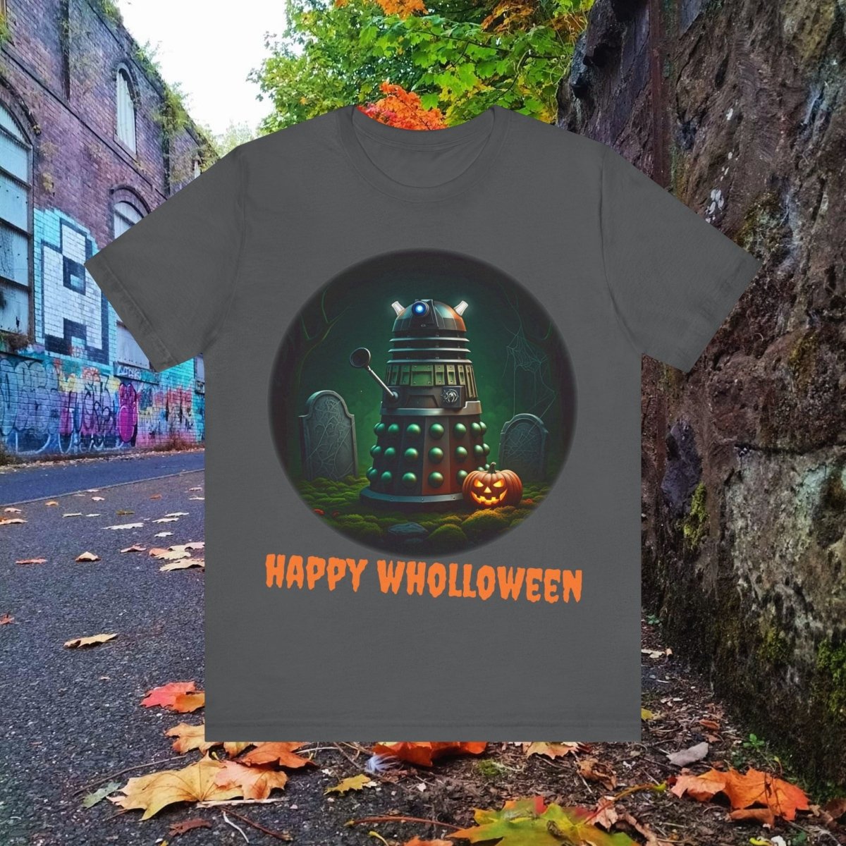 Happy Wholloween Green Dalek in a graveyard, I know, I know... T-shirt featuring pumpkin and gravestone - soapbox169 - A Little Gift Shop