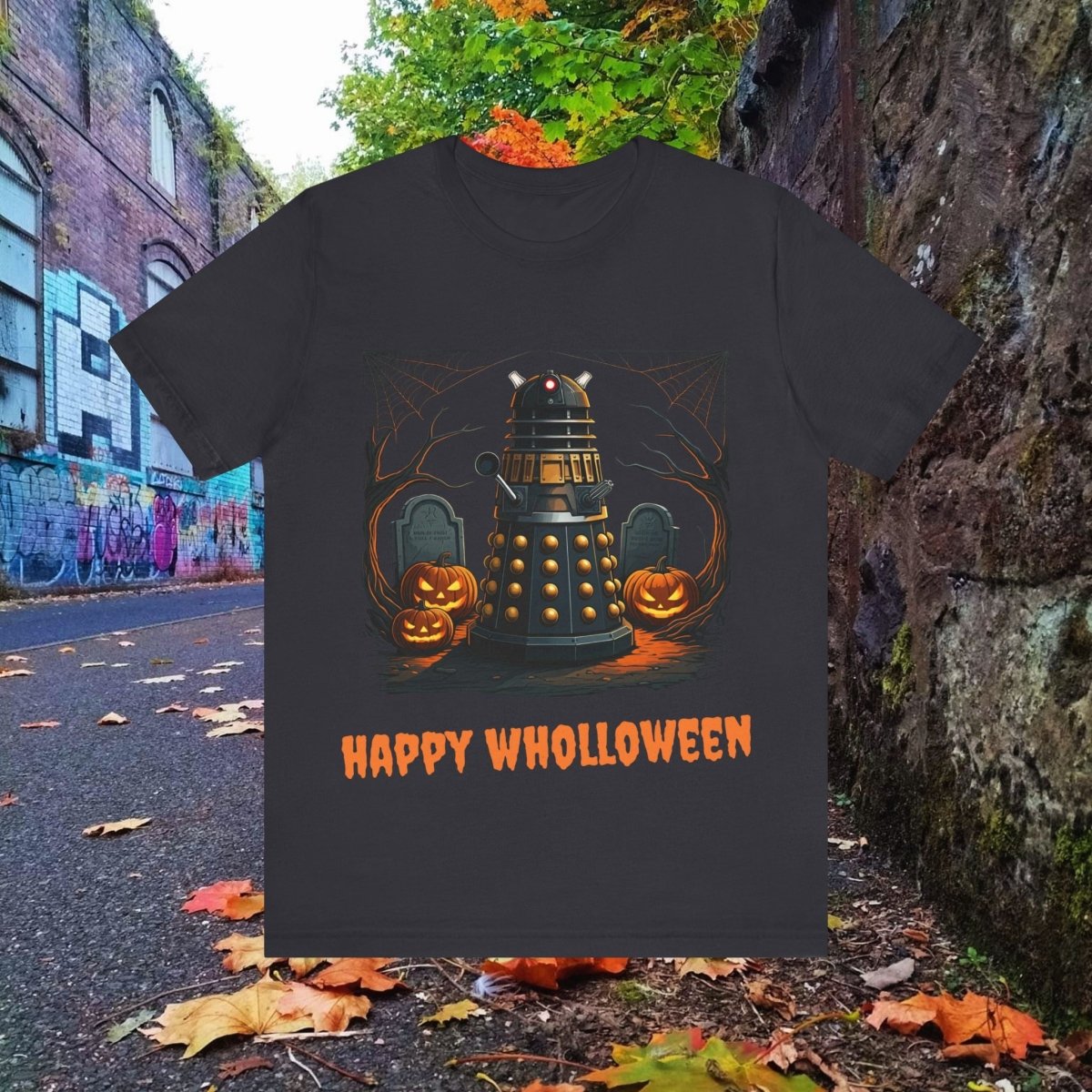 Happy Wholloween Orange back - lit Dalek in a graveyard T-shirt - soapbox169 - A Little Gift Shop