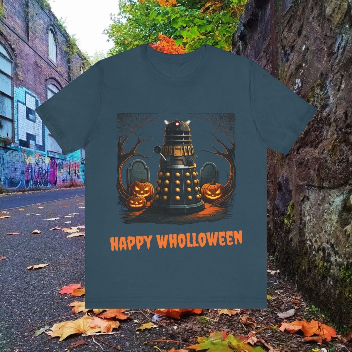 Happy Wholloween Orange back - lit Dalek in a graveyard T-shirt - soapbox169 - A Little Gift Shop