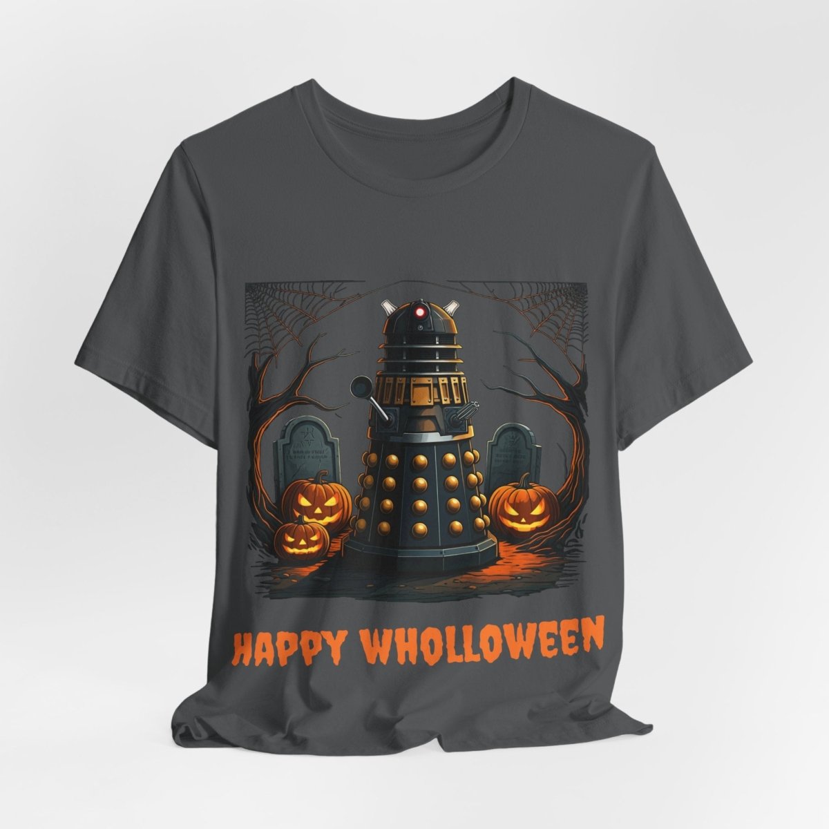 Happy Wholloween Orange back - lit Dalek in a graveyard T-shirt - soapbox169 - A Little Gift Shop