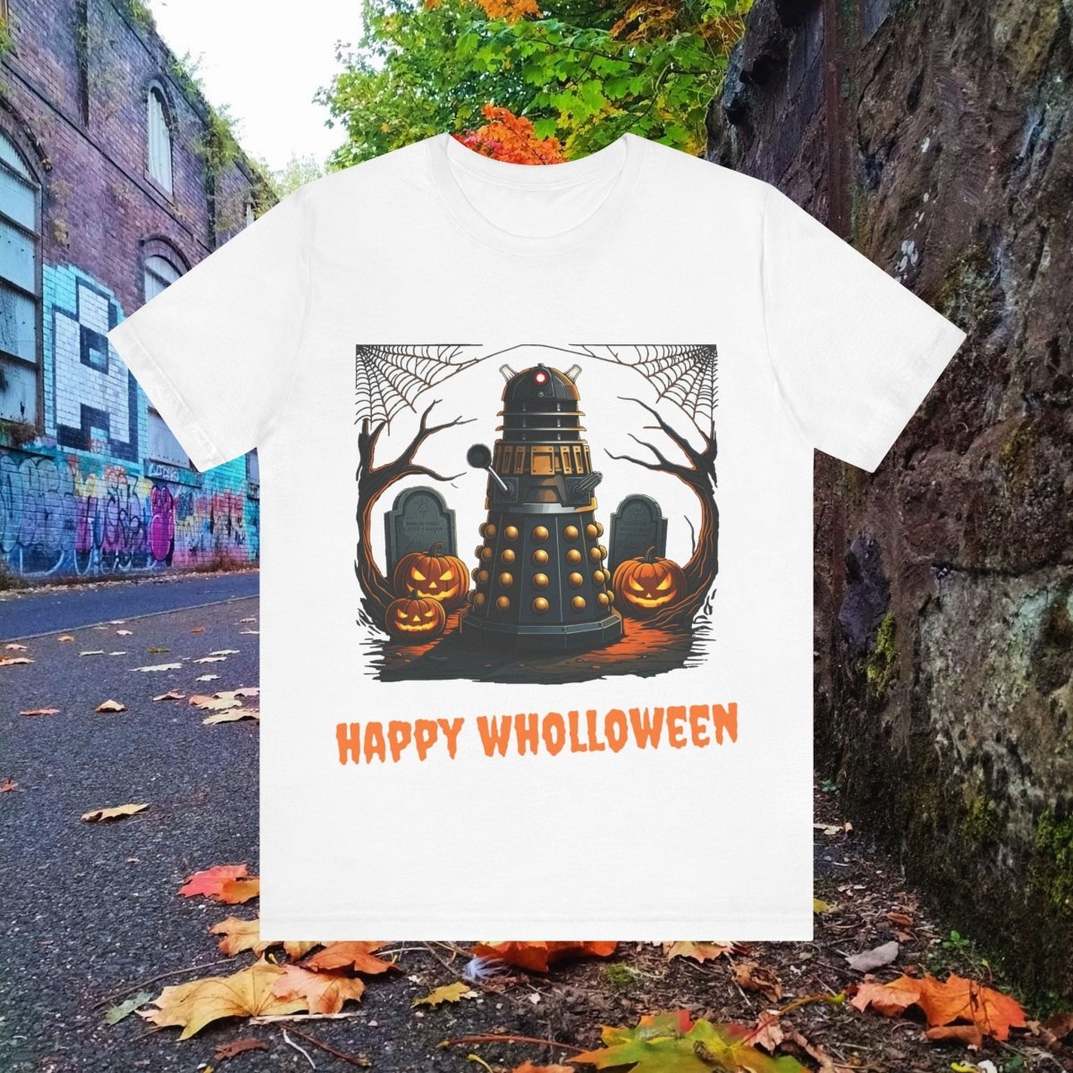 Happy Wholloween Orange back - lit Dalek in a graveyard T-shirt - soapbox169 - A Little Gift Shop