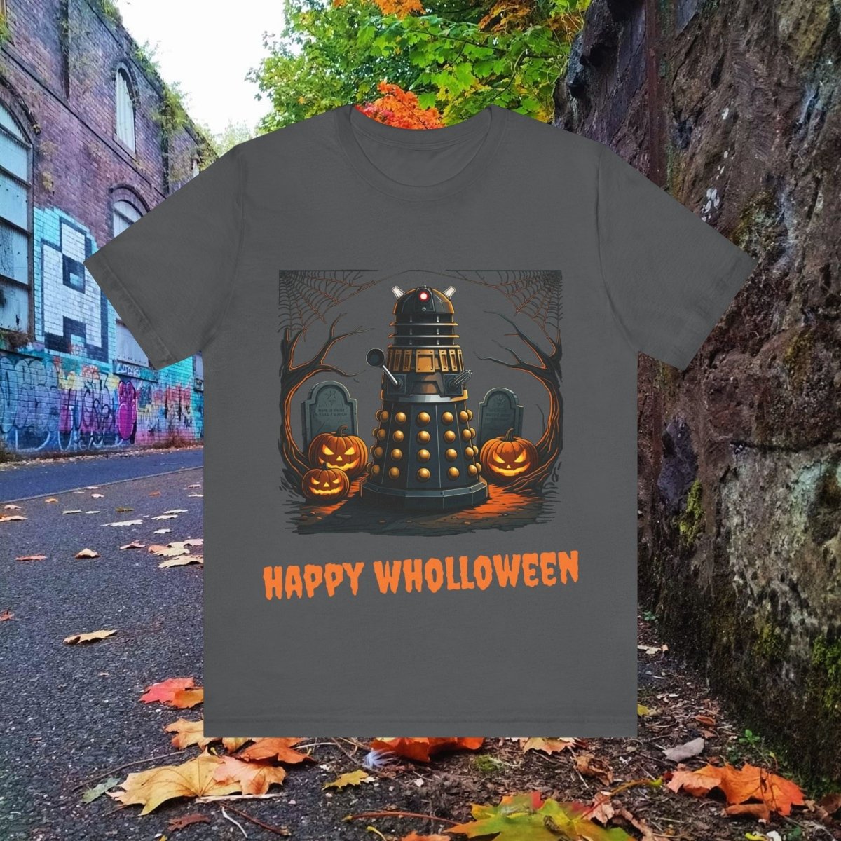 Happy Wholloween Orange back - lit Dalek in a graveyard T-shirt - soapbox169 - A Little Gift Shop