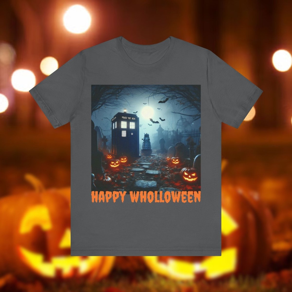 Happy Wholloween TARDIS in graveyard with lurking Dalek T-shirt - soapbox169 - A Little Gift Shop