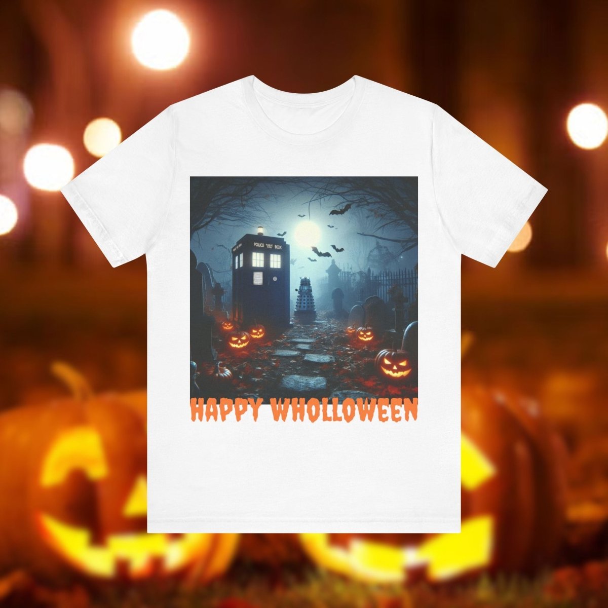 Happy Wholloween TARDIS in graveyard with lurking Dalek T-shirt - soapbox169 - A Little Gift Shop