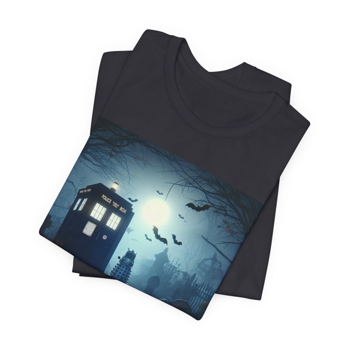 Happy Wholloween TARDIS in graveyard with lurking Dalek T-shirt - soapbox169 - A Little Gift Shop