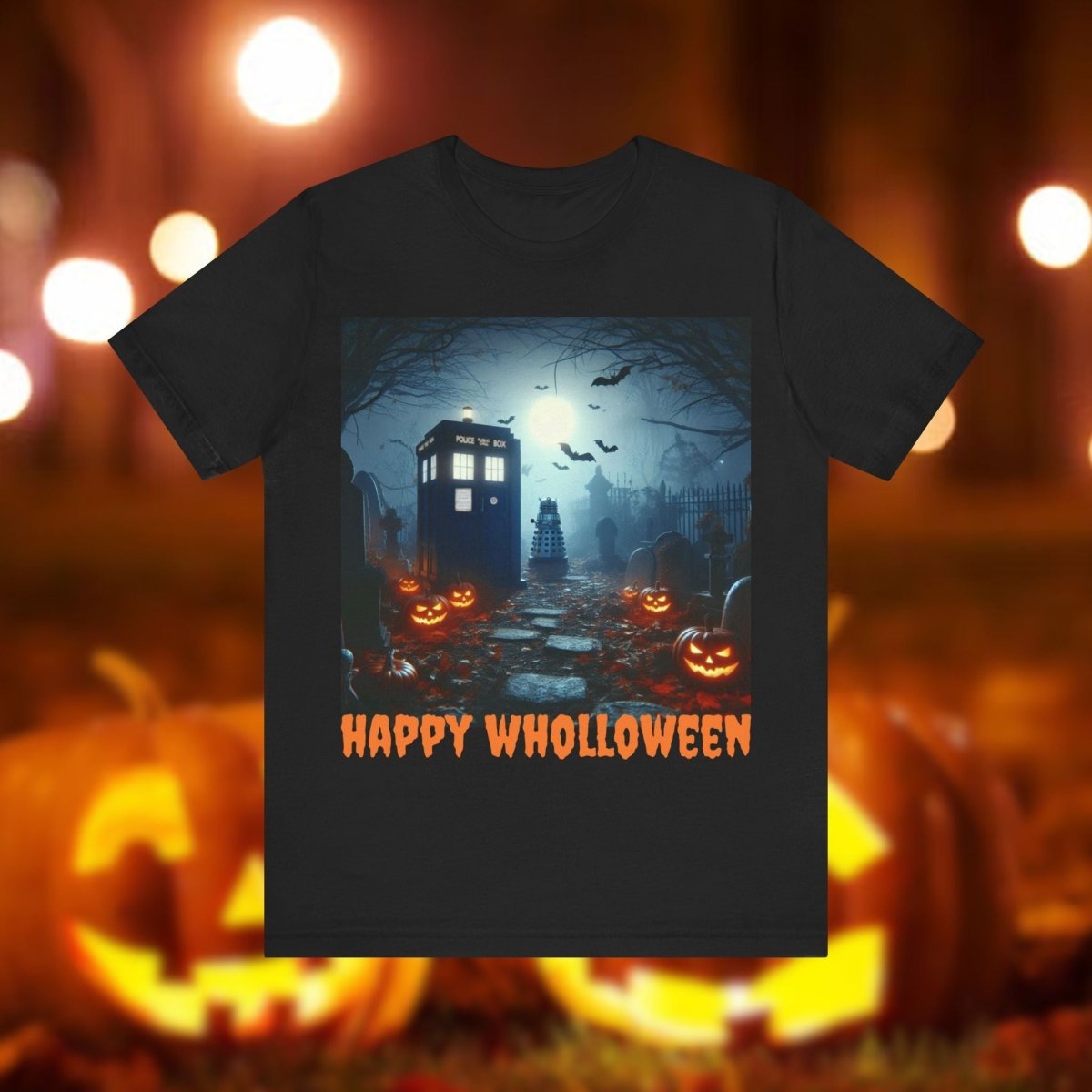 Happy Wholloween TARDIS in graveyard with lurking Dalek T-shirt - soapbox169 - A Little Gift Shop