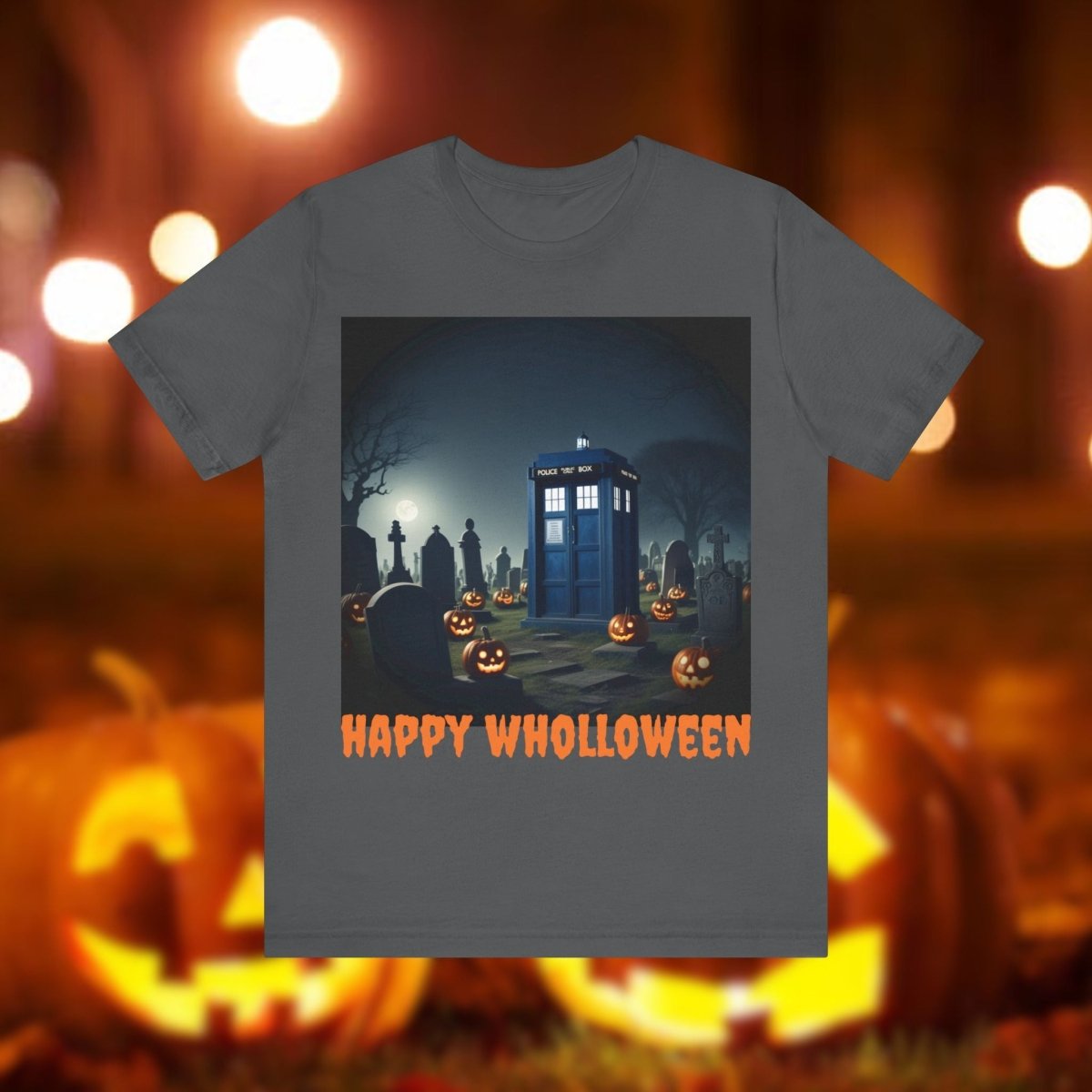 Happy Wholloween TARDIS in spooky pumpkin filled graveyard T-shirt - soapbox169 - A Little Gift Shop