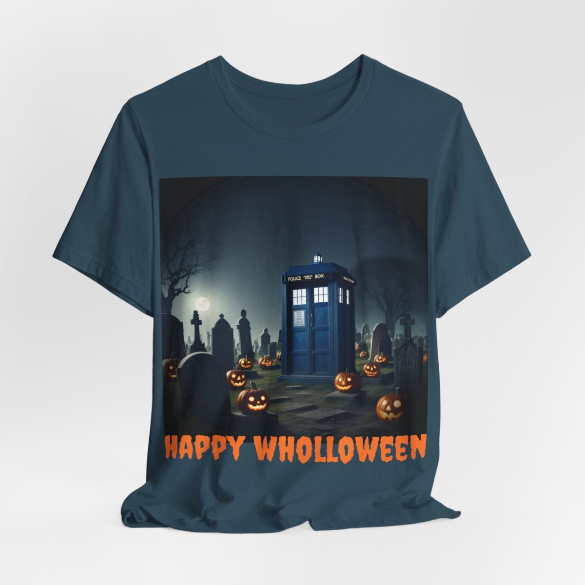 Happy Wholloween TARDIS in spooky pumpkin filled graveyard T-shirt - soapbox169 - A Little Gift Shop