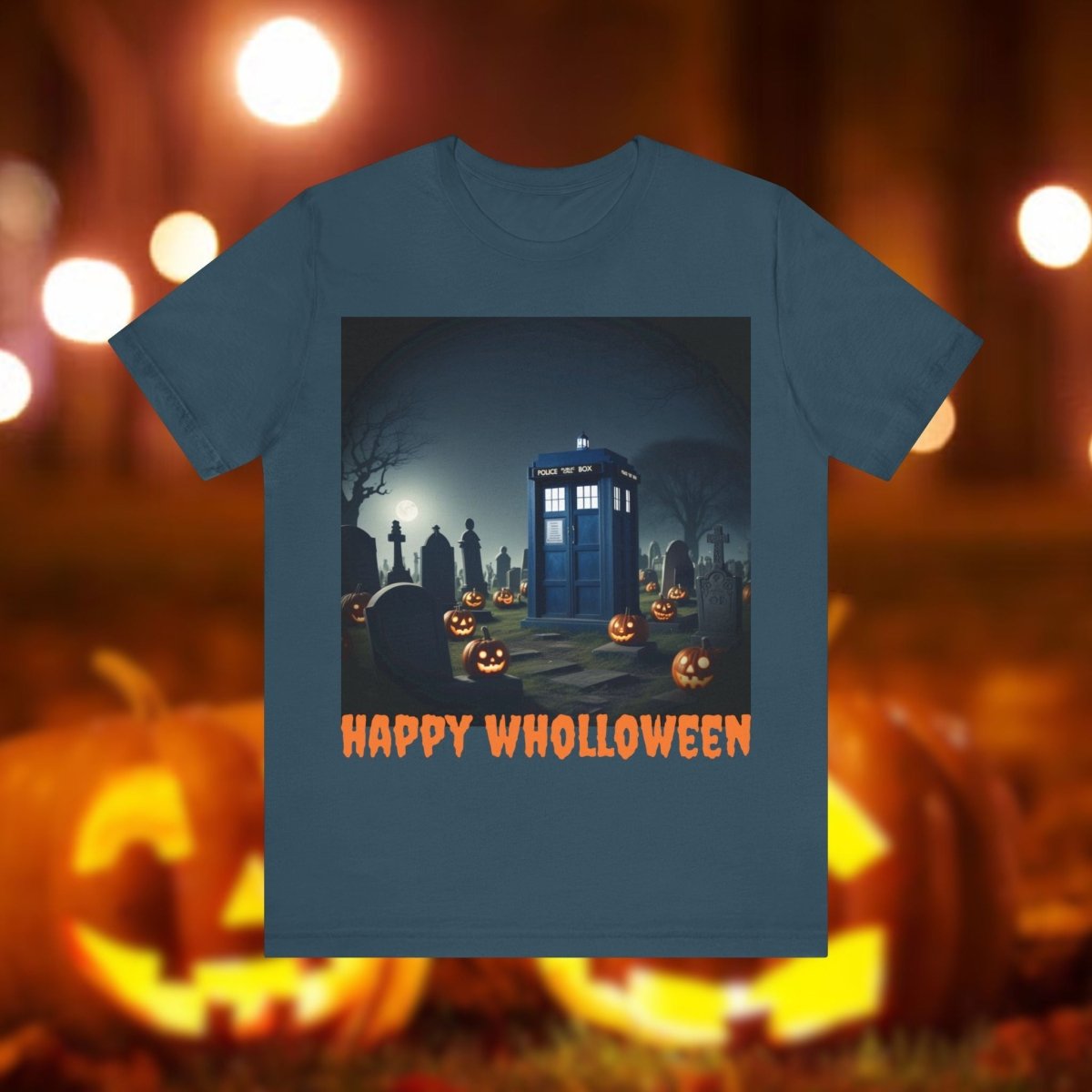 Happy Wholloween TARDIS in spooky pumpkin filled graveyard T-shirt - soapbox169 - A Little Gift Shop