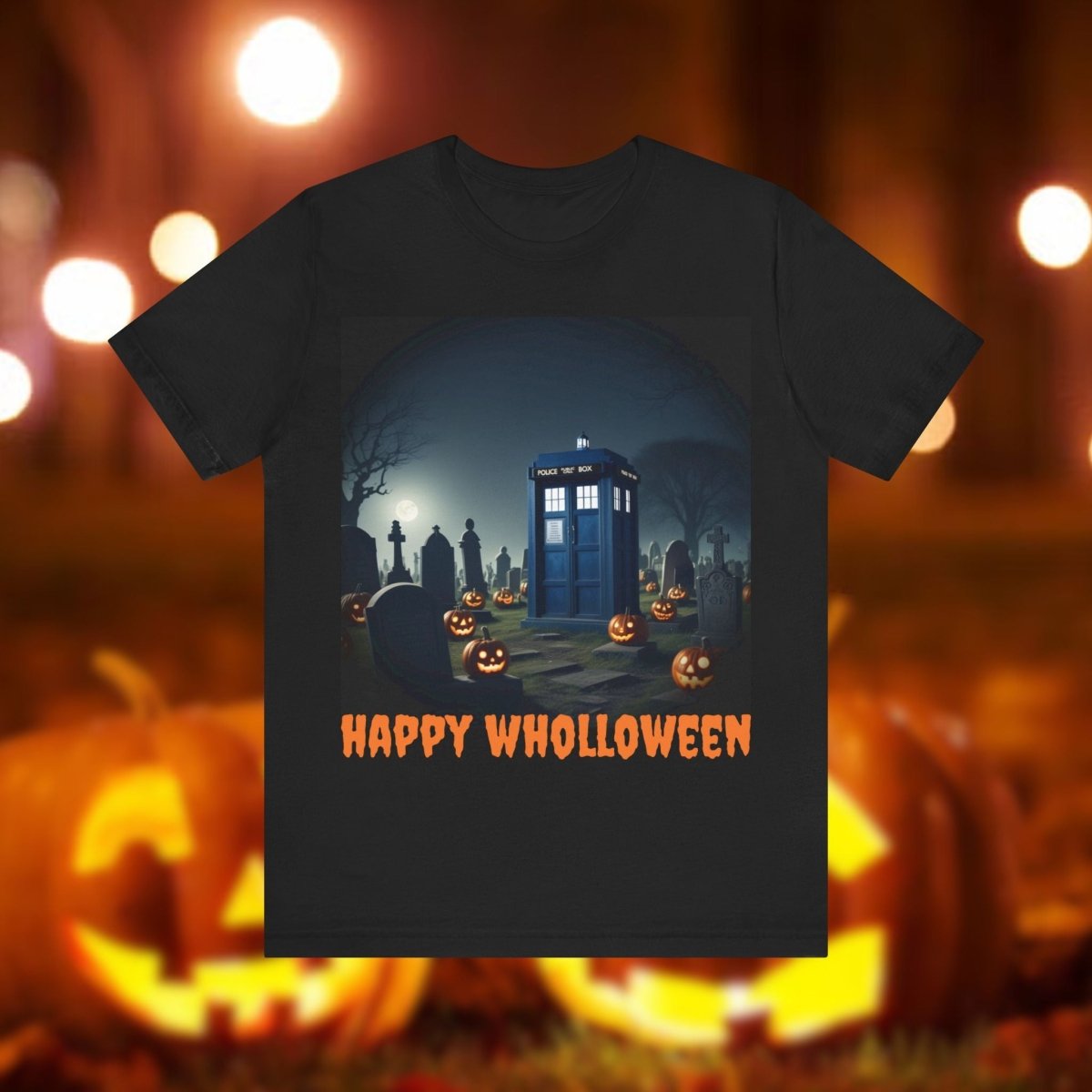 Happy Wholloween TARDIS in spooky pumpkin filled graveyard T-shirt - soapbox169 - A Little Gift Shop
