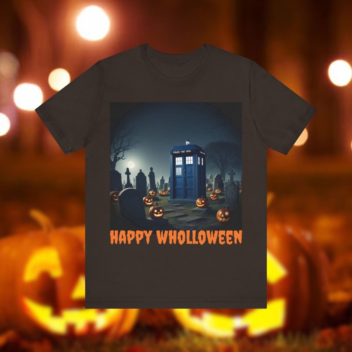 Happy Wholloween TARDIS in spooky pumpkin filled graveyard T-shirt - soapbox169 - A Little Gift Shop