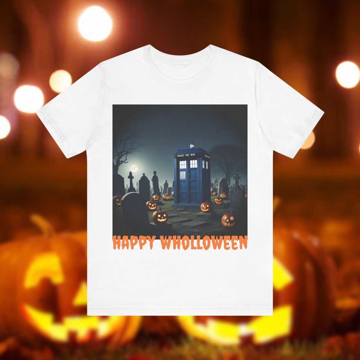 Happy Wholloween TARDIS in spooky pumpkin filled graveyard T-shirt - soapbox169 - A Little Gift Shop