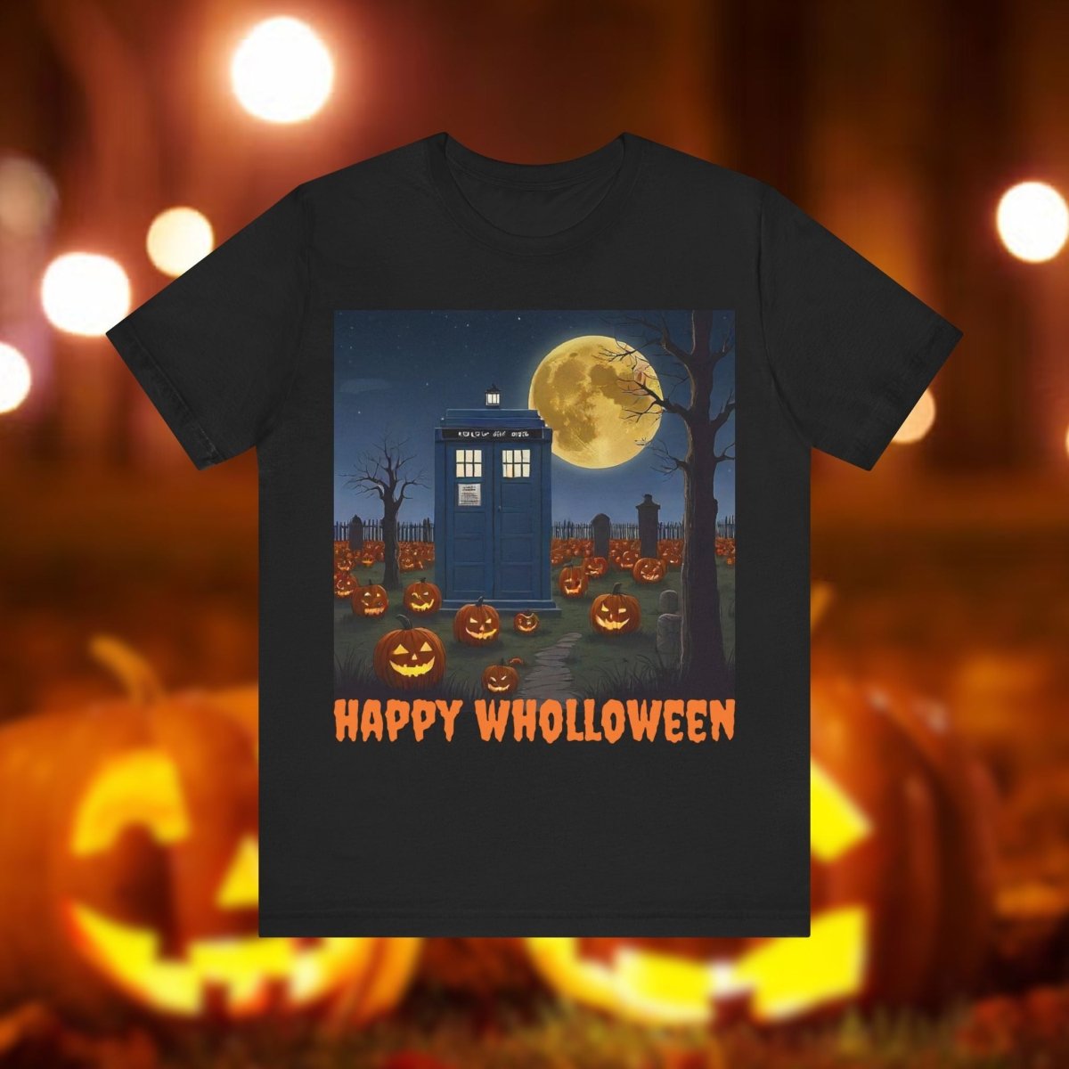 Happy Wholloween TARDIS & Pumpkins T-shirt Cartoon Style - soapbox169 - A Little Gift Shop
