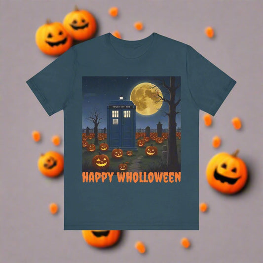 Happy Wholloween TARDIS & Pumpkins T-shirt Cartoon Style - soapbox169 - A Little Gift Shop