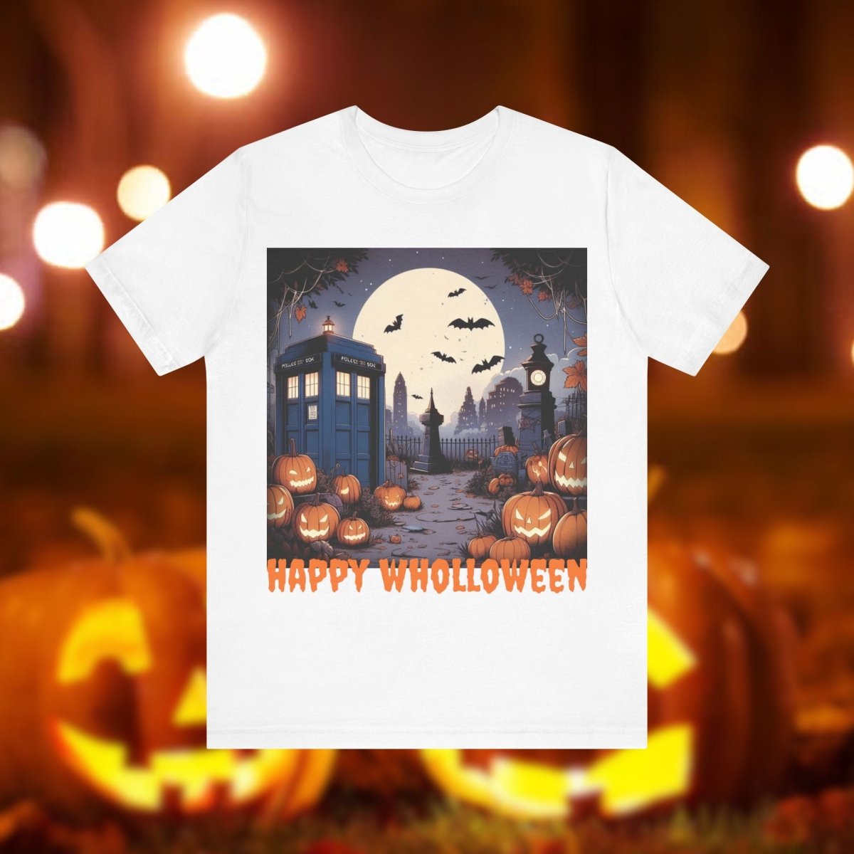 Happy Wholloween TARDIS T-shirt Cartoon Style with bats and pumpkins - soapbox169 - A Little Gift Shop