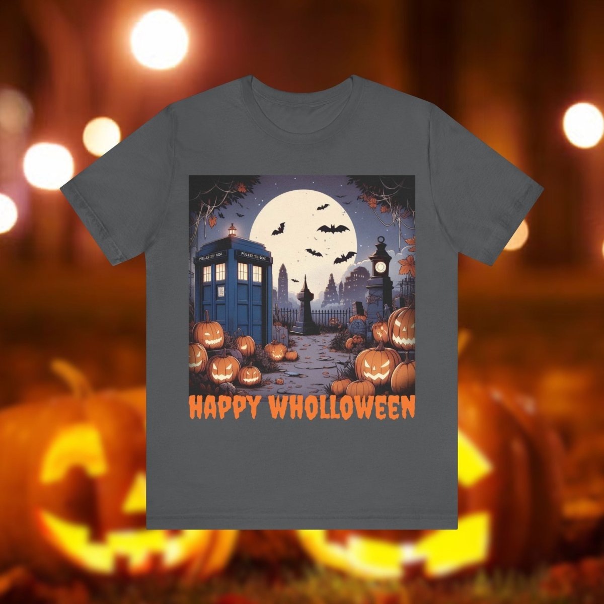 Happy Wholloween TARDIS T-shirt Cartoon Style with bats and pumpkins - soapbox169 - A Little Gift Shop