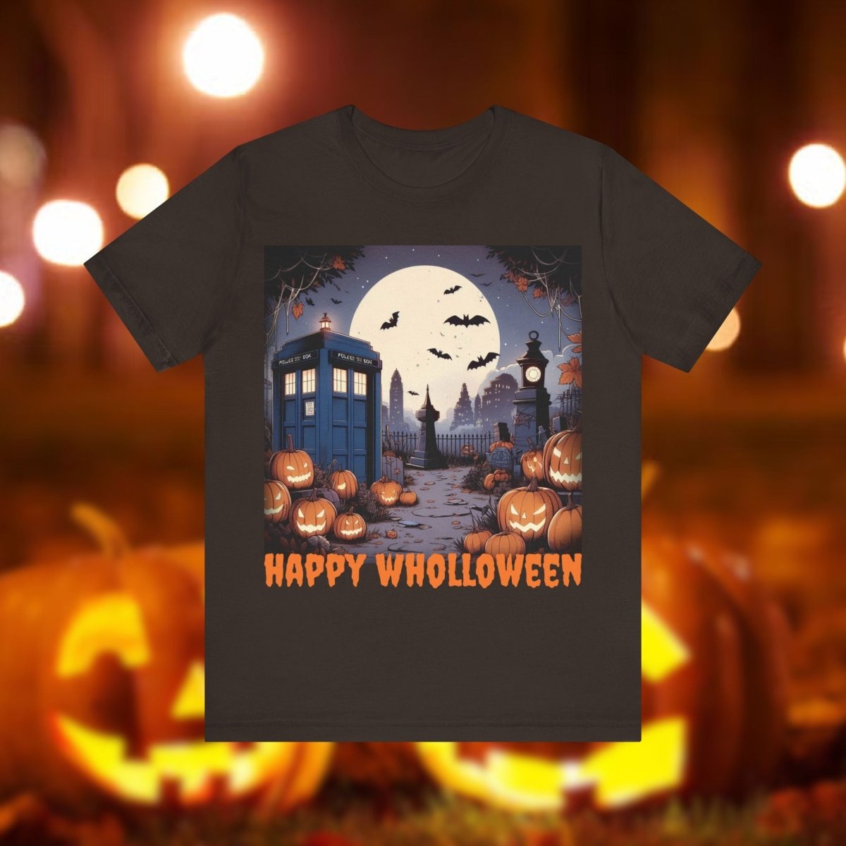 Happy Wholloween TARDIS T-shirt Cartoon Style with bats and pumpkins - soapbox169 - A Little Gift Shop