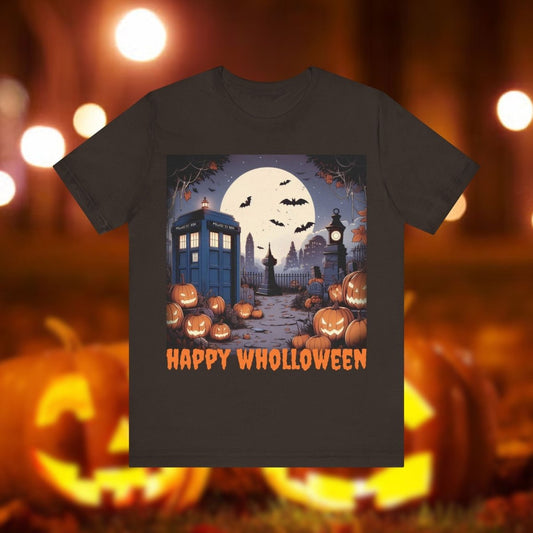 Happy Wholloween TARDIS T-shirt Cartoon Style with bats and pumpkins - soapbox169 - A Little Gift Shop