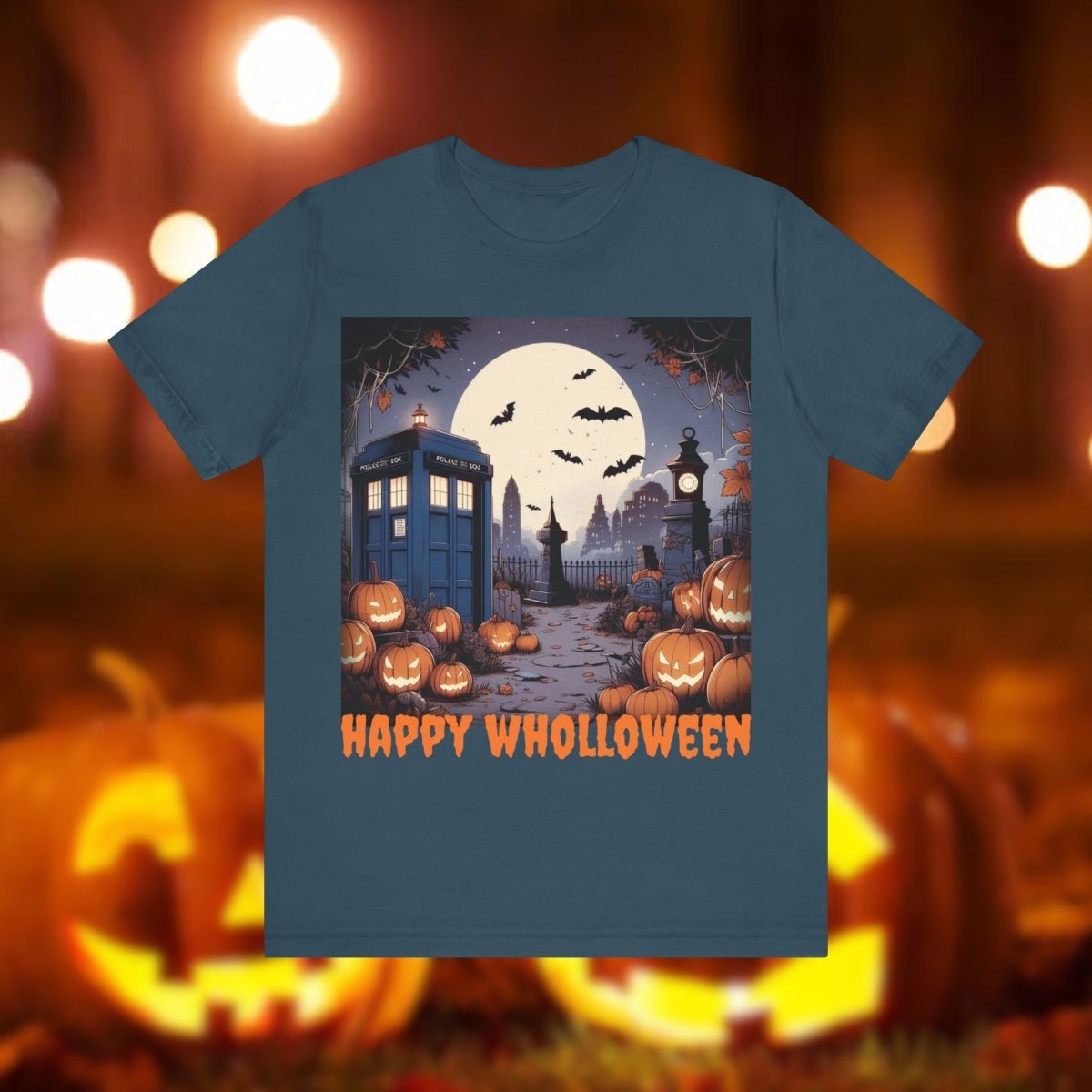 Happy Wholloween TARDIS T-shirt Cartoon Style with bats and pumpkins - soapbox169 - A Little Gift Shop
