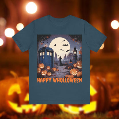 Happy Wholloween TARDIS T-shirt Cartoon Style with bats and pumpkins - soapbox169 - A Little Gift Shop