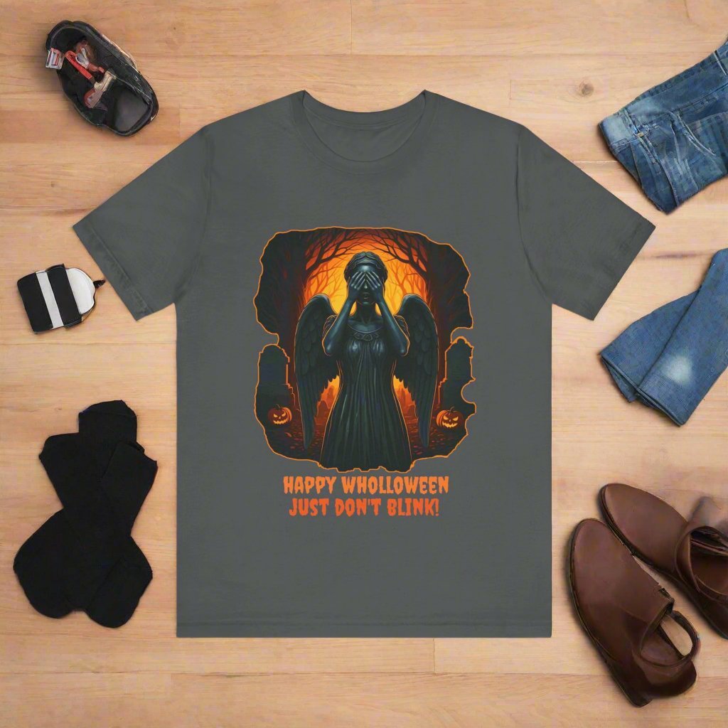 Happy Wholloween Weeping Angel in a spooky orange forest T-shirt - soapbox169 - A Little Gift Shop