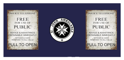 TARDIS Plaque & St. John Ambulance Emblem. Time weathered version (Available in 11 oz & 15 oz sizes.) - soapbox169 - A Little Gift Shop